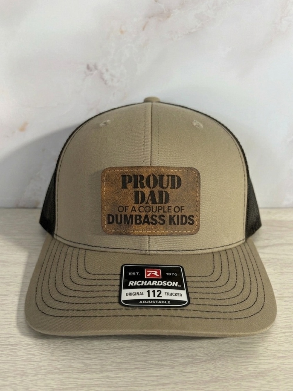 Richardson Trucker Hat with 'Proud Dad' laser engraved leather patch